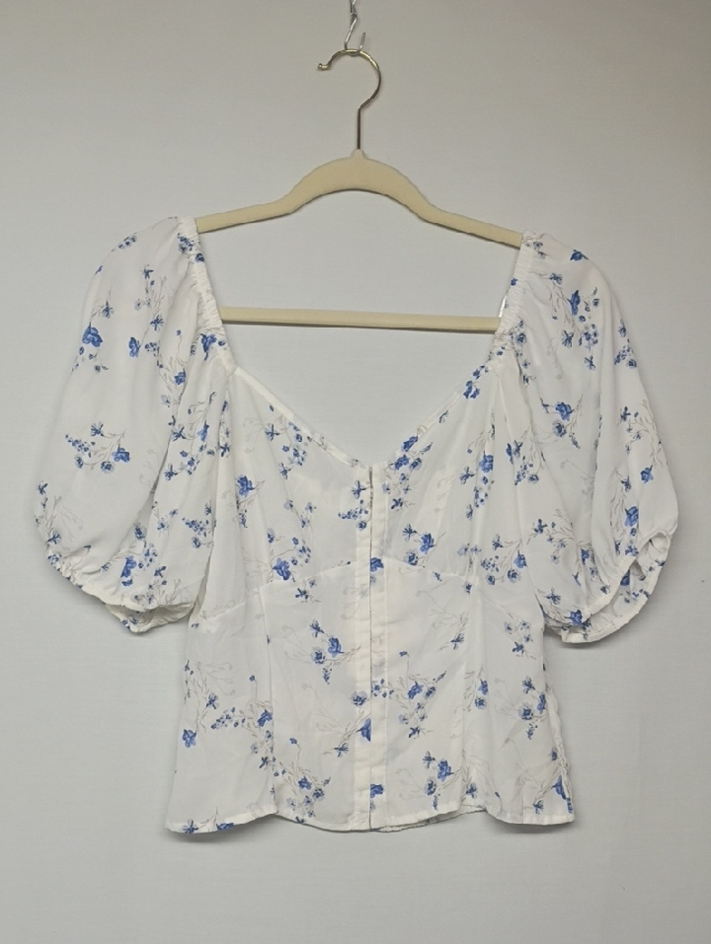 Sienna Sky White Blouse with Blue Floral Puff Sleeves